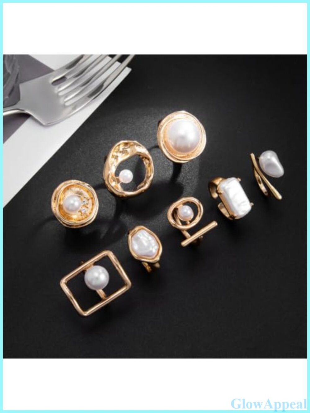 Gold Pleated Stack Ring Set Pearl Square Hollow Open Stackable Rings - Picture 6 of 6